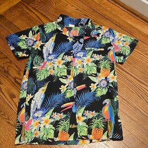 Tropical Hawaiian Shirt Birds, Flowers & Pineapple Print Small